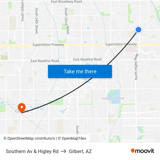 Southern Av & Higley Rd to Gilbert, AZ map