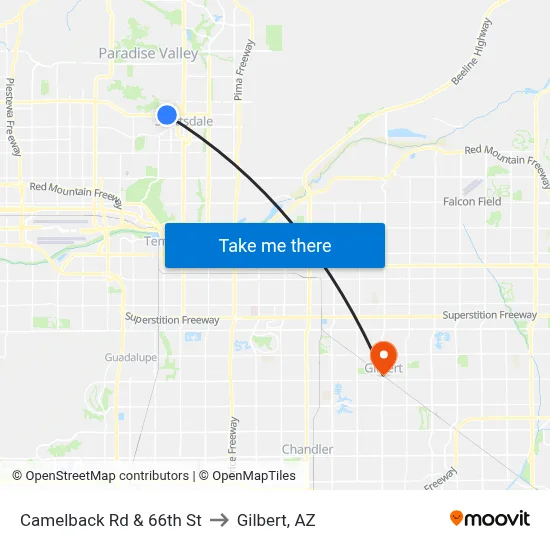 Camelback Rd & 66th St to Gilbert, AZ map