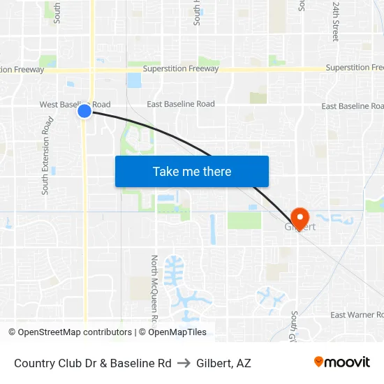 Country Club Dr & Baseline Rd to Gilbert, AZ map