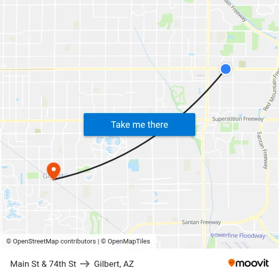 Main St & 74th St to Gilbert, AZ map