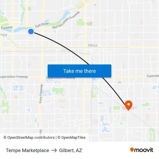 Tempe Marketplace to Gilbert, AZ map