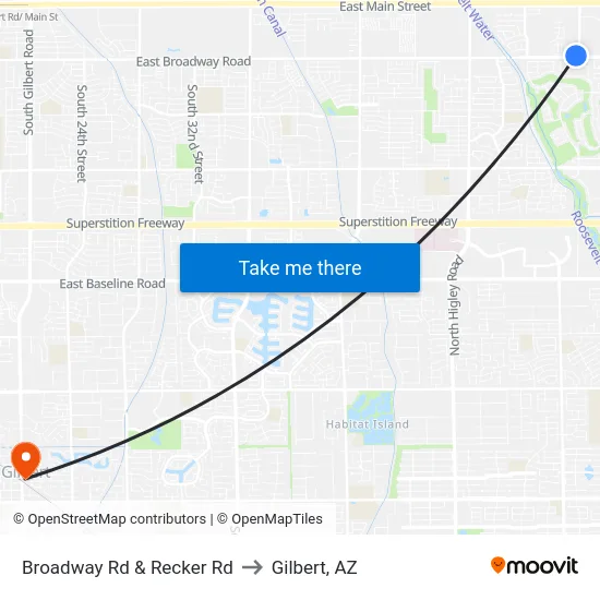 Broadway Rd & Recker Rd to Gilbert, AZ map