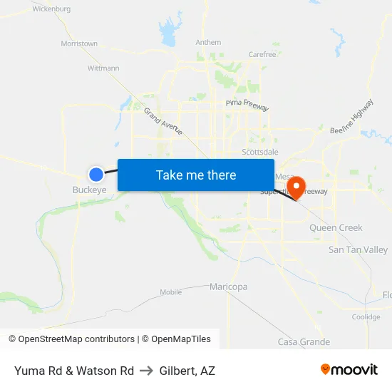 Yuma Rd & Watson Rd to Gilbert, AZ map