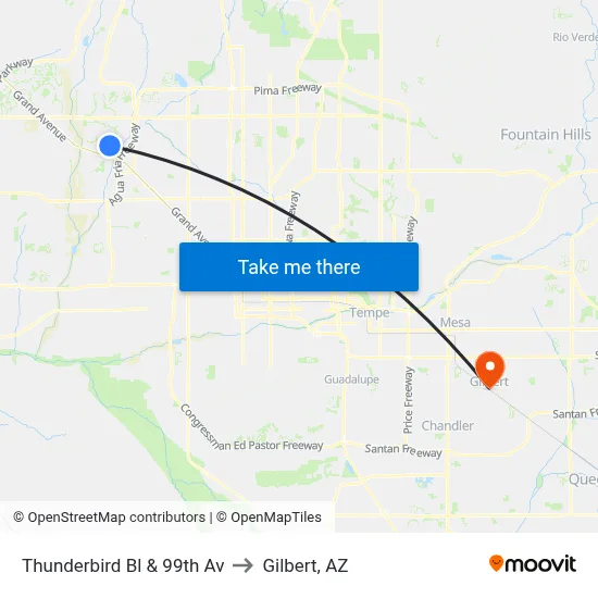 Thunderbird Bl & 99th Av to Gilbert, AZ map