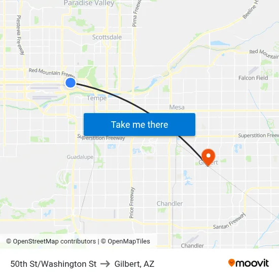 50th St/Washington St to Gilbert, AZ map