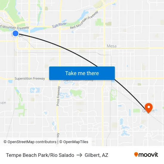 Tempe Beach Park/Rio Salado to Gilbert, AZ map