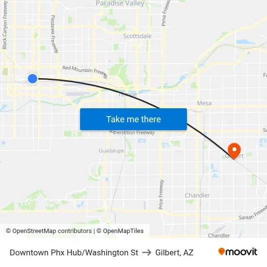 Downtown Phx Hub/Washington St to Gilbert, AZ map