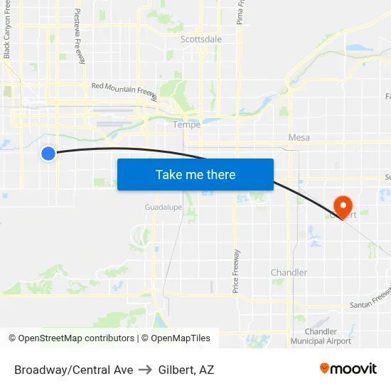 Broadway/Central Ave to Gilbert, AZ map