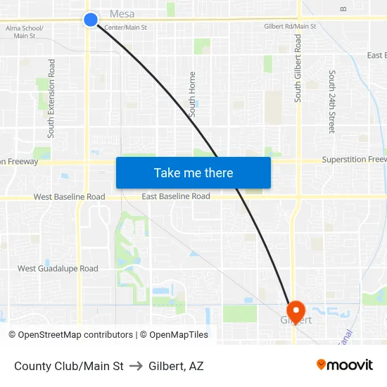 County Club/Main St to Gilbert, AZ map