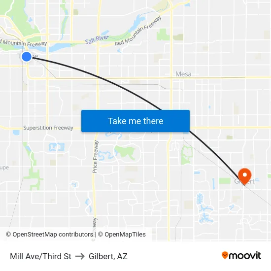 Mill Ave/Third St to Gilbert, AZ map