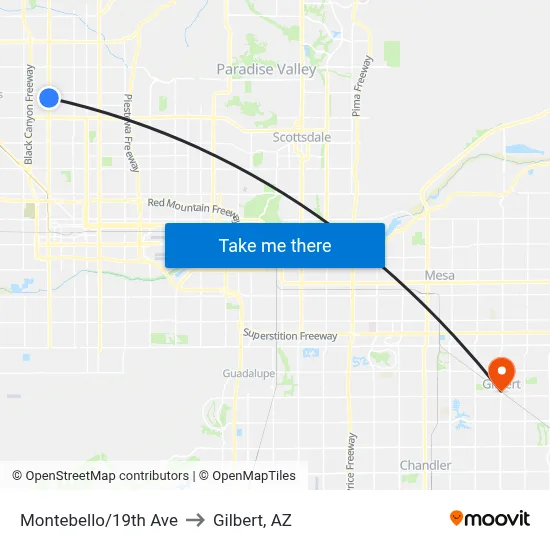 Montebello/19th Ave to Gilbert, AZ map
