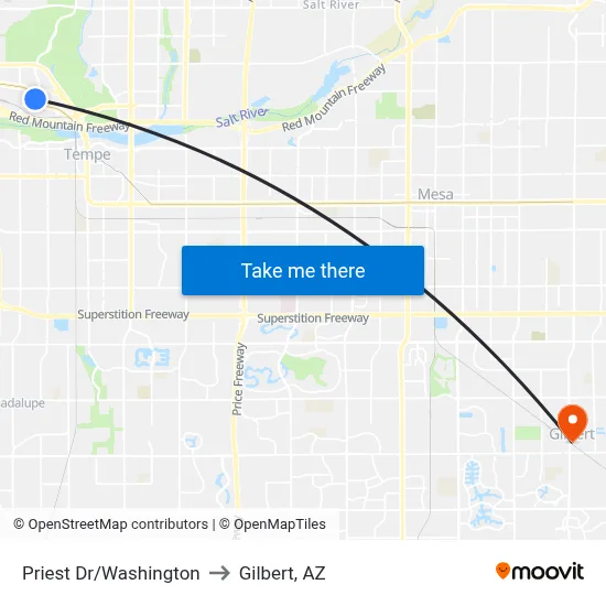 Priest Dr/Washington to Gilbert, AZ map