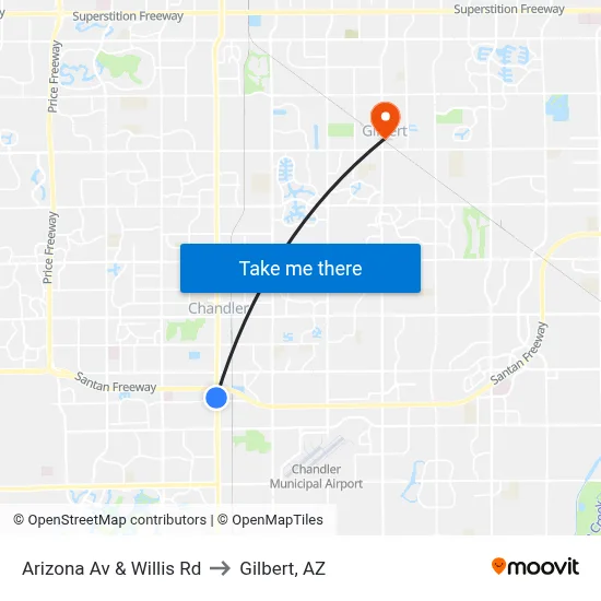 Arizona Av & Willis Rd to Gilbert, AZ map
