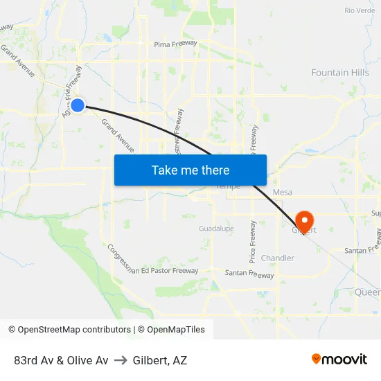83rd Av & Olive Av to Gilbert, AZ map