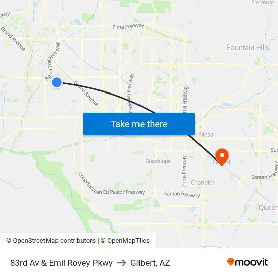 83rd Av & Emil Rovey Pkwy to Gilbert, AZ map