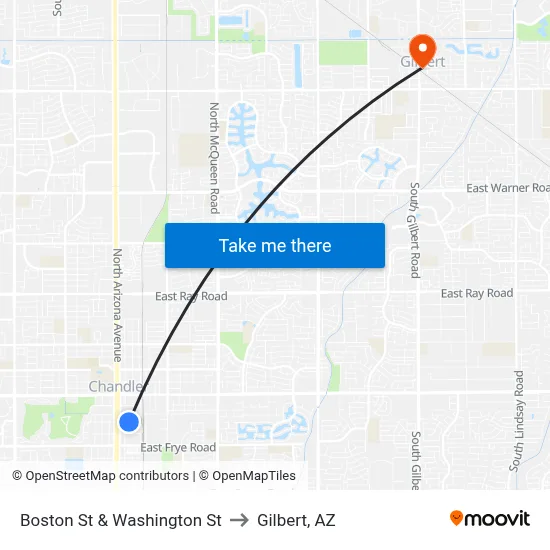 Boston St & Washington St to Gilbert, AZ map