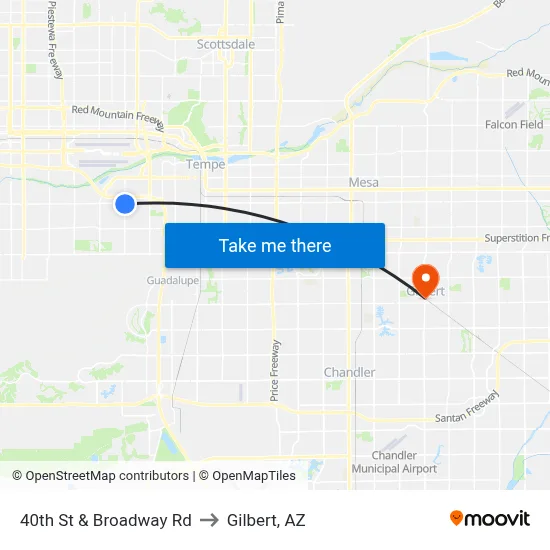 40th St & Broadway Rd to Gilbert, AZ map