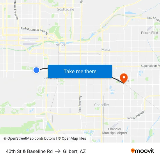40th St & Baseline Rd to Gilbert, AZ map