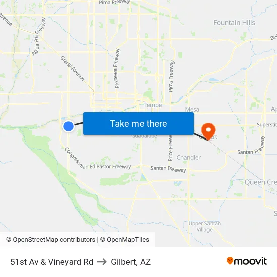51st Av & Vineyard Rd to Gilbert, AZ map