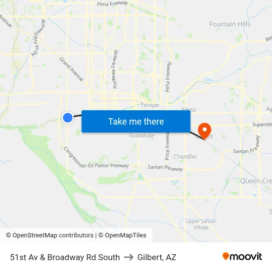 51st Av & Broadway Rd South to Gilbert, AZ map
