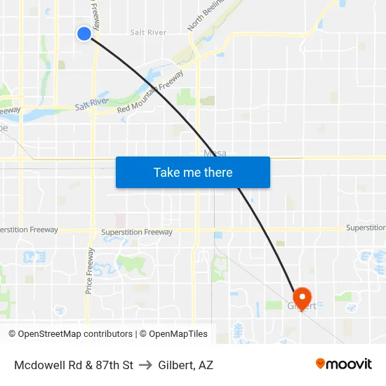 Mcdowell Rd & 87th St to Gilbert, AZ map