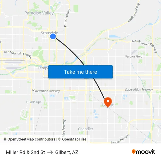 Miller Rd & 2nd St to Gilbert, AZ map
