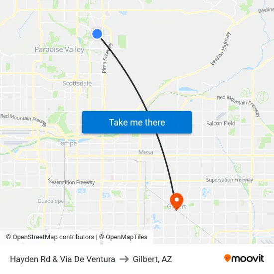 Hayden Rd & Via De Ventura to Gilbert, AZ map
