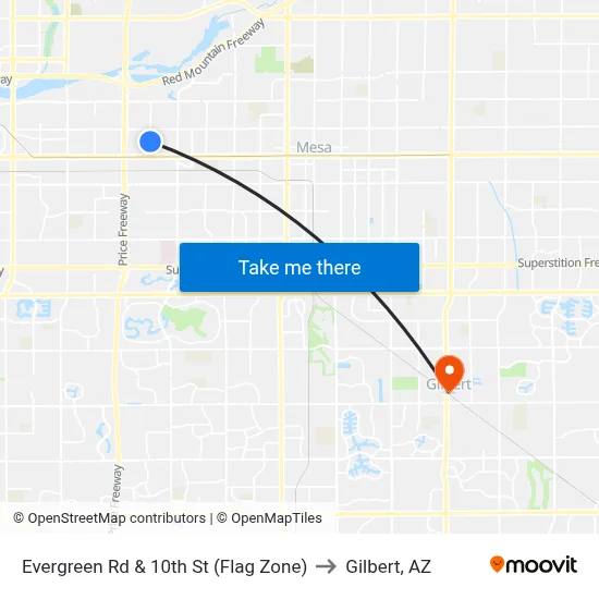 Evergreen Rd & 10th St (Flag Zone) to Gilbert, AZ map
