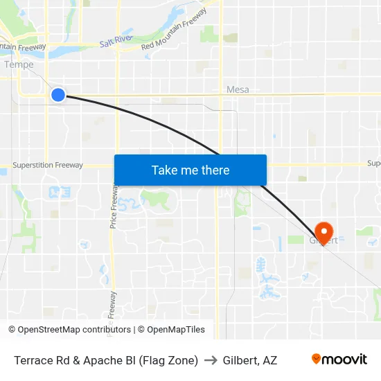 Terrace Rd & Apache Bl (Flag Zone) to Gilbert, AZ map