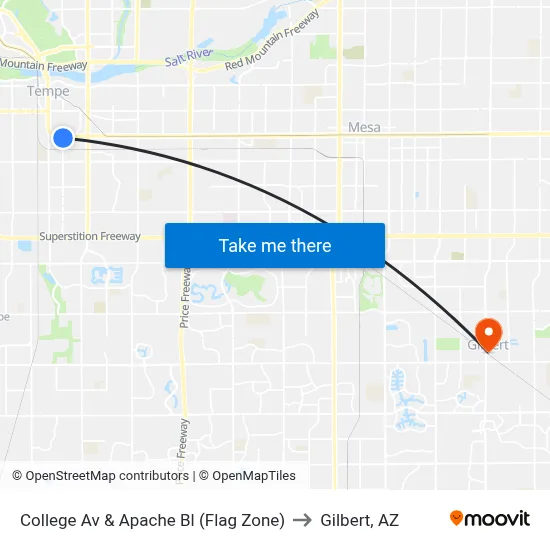 College Av & Apache Bl (Flag Zone) to Gilbert, AZ map