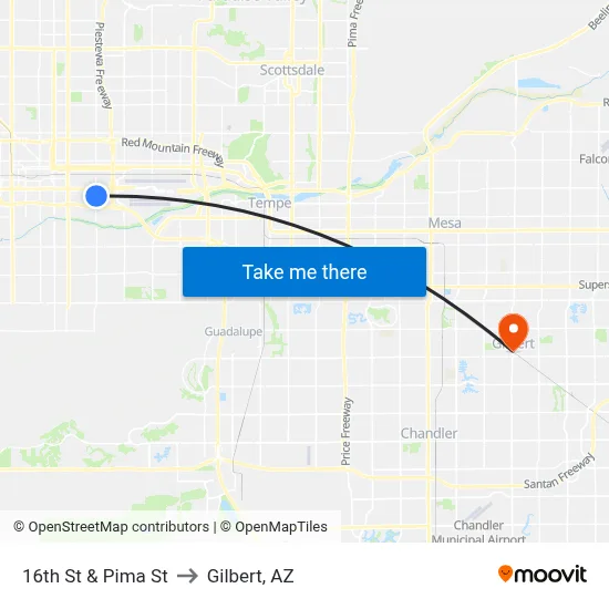 16th St & Pima St to Gilbert, AZ map