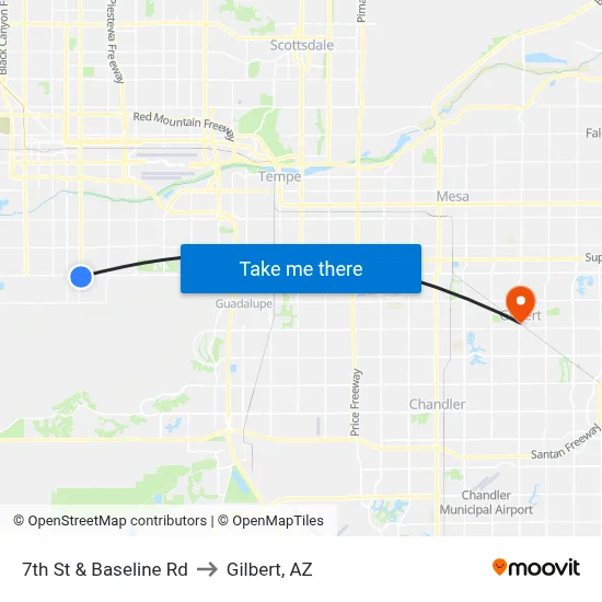 7th St & Baseline Rd to Gilbert, AZ map
