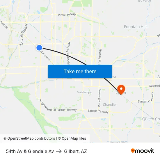 54th Av & Glendale Av to Gilbert, AZ map