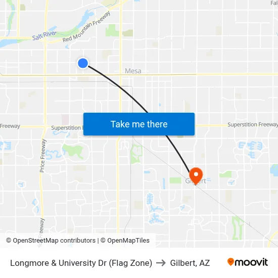 Longmore & University Dr (Flag Zone) to Gilbert, AZ map