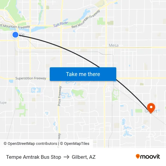 Tempe Amtrak Bus Stop to Gilbert, AZ map