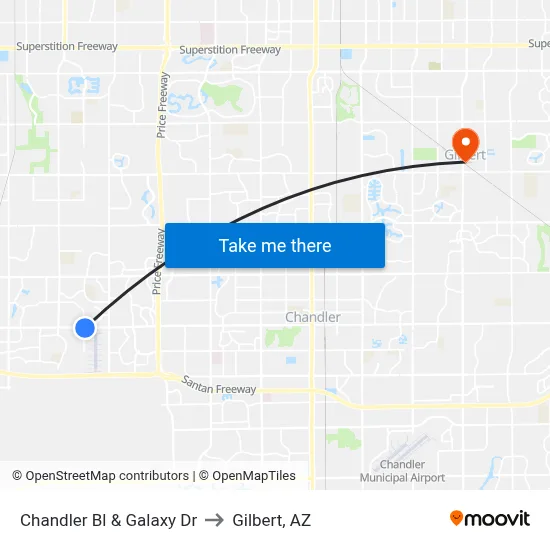 Chandler Bl & Galaxy Dr to Gilbert, AZ map