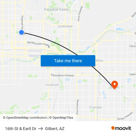 16th St & Earll Dr to Gilbert, AZ map
