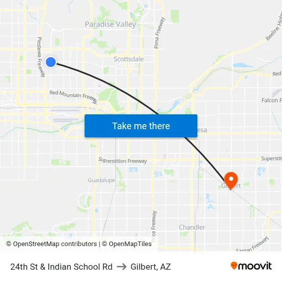 24th St & Indian School Rd to Gilbert, AZ map