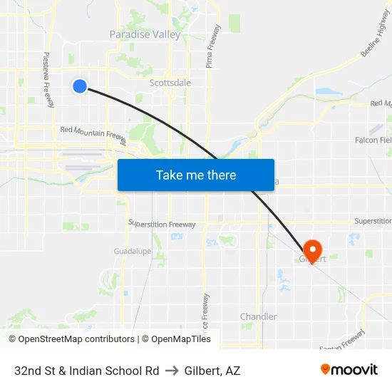 32nd St & Indian School Rd to Gilbert, AZ map