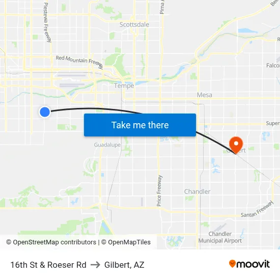16th St & Roeser Rd to Gilbert, AZ map