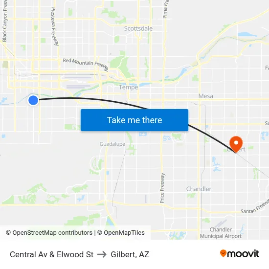 Central Av & Elwood St to Gilbert, AZ map