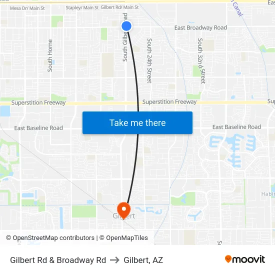 Gilbert Rd & Broadway Rd to Gilbert, AZ map