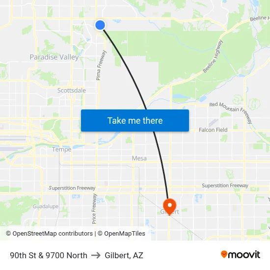 90th St & 9700 North to Gilbert, AZ map