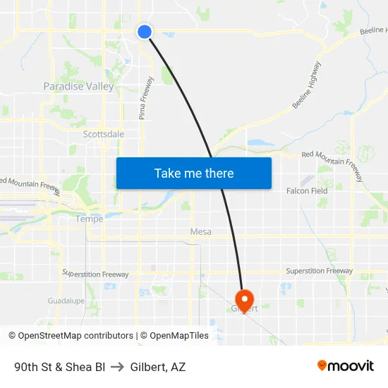 90th St & Shea Bl to Gilbert, AZ map