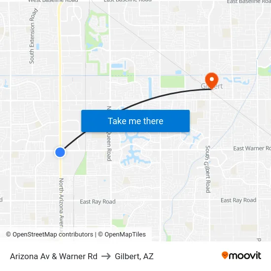 Arizona Av & Warner Rd to Gilbert, AZ map