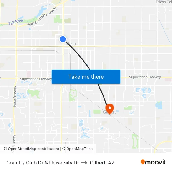 Country Club Dr & University Dr to Gilbert, AZ map