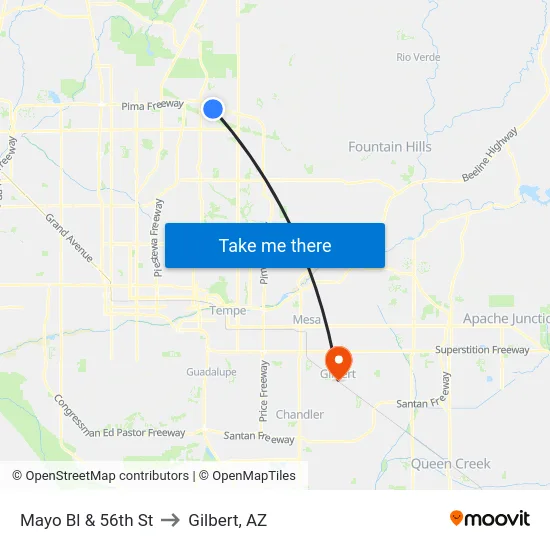 Mayo Bl & 56th St to Gilbert, AZ map