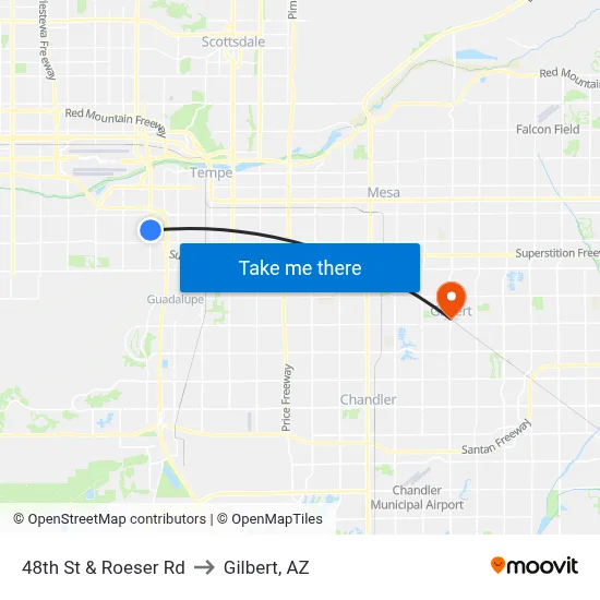 48th St & Roeser Rd to Gilbert, AZ map