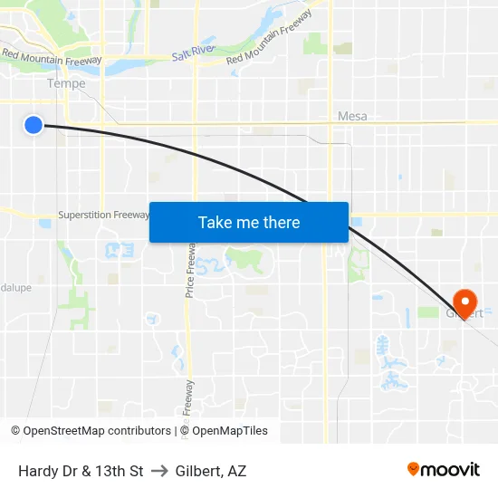 Hardy Dr & 13th St to Gilbert, AZ map