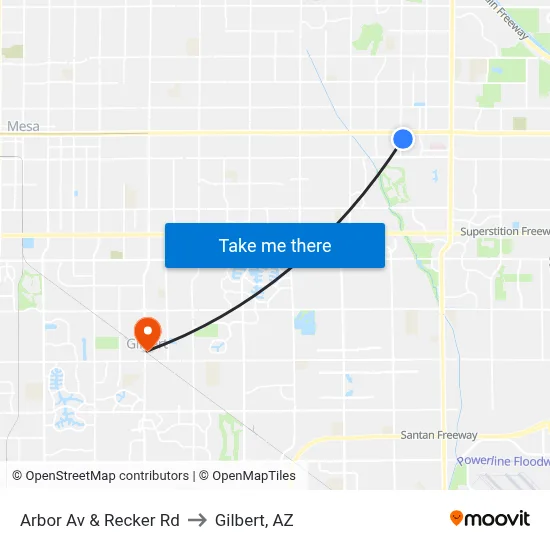 Arbor Av & Recker Rd to Gilbert, AZ map